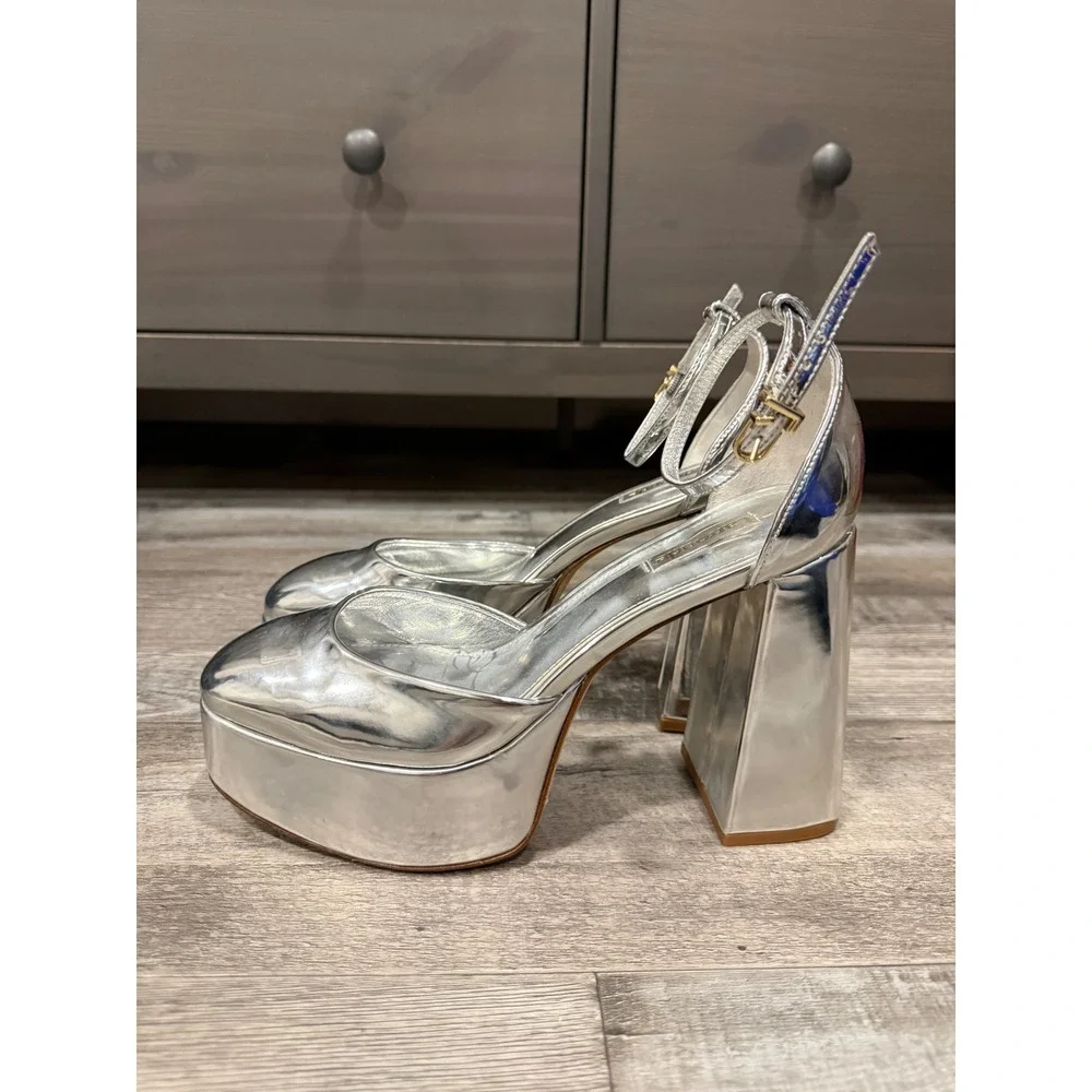 Larroude Ari Strap Platform Heel $350 SANDAL PUMP LEATHER SILVER sz 8